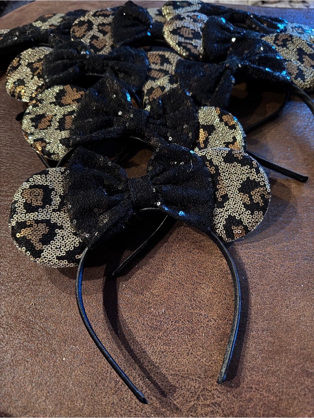 Bulk Lot-9 New Leopard Minnie Ear, Black Sequin Bow Headbands-Wholesale Pricing